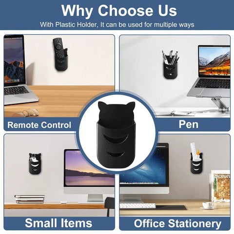 Adjustable Mini PC Mount Bracket, Rock Solid Vesa Holder For Under Desk Or Wall Mount, Easy No Sweat Setup For NUC Mac Mini Thin Clients, Zero Clutter Vibes, Securely Holds Up To 12 Lbs. black plastic organizer holding remote, pens, and small items on a wall and desk.