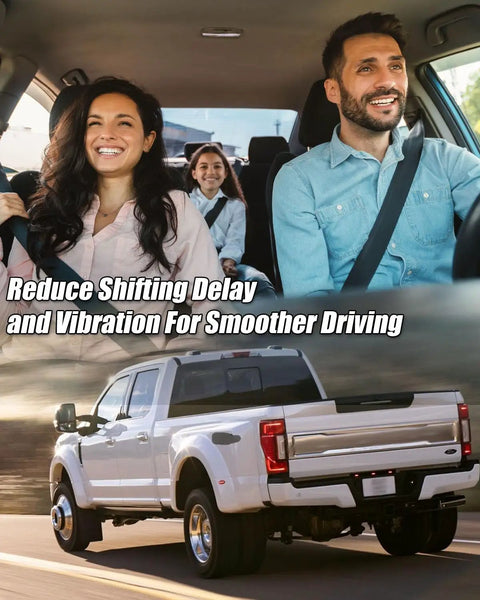 Happy family in car and Ford Super Duty truck promoting 5R110W Transmission Filter Kit With Gasket For Ford F-250 F-350 Super Duty And E-Series Vans 2006-2017 Replaces FT180 8C3Z-7A098-D Beefed-Up Full Service Kit For Easy DIY Maintenance