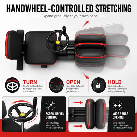 Handwheel-controlled stretching machine designed for flexibility holds 300 lbs, featuring screw-driven control and wide range opening.