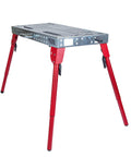 Badass Folding Welding Table 21 By 44 Inch 12 Gauge Steel Workbench with sturdy red legs for portable use in garage or shop.