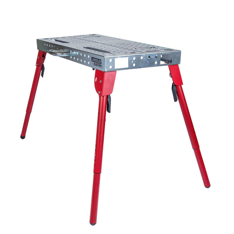 Badass Folding Welding Table 21 By 44 Inch 12 Gauge Steel Workbench with sturdy red legs for portable use in garage or shop.
