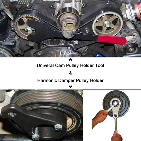 Cam Pulley Holder And Crankshaft Damper Locking Tool For Lexus And Toyota Engines in use with sprockets and pulley
