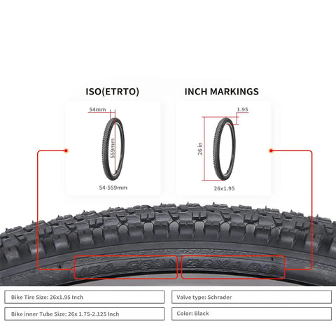 2 Pack 26 Inch Bike Tires 26x1.95 Mountain Bike Tires for MTB Off Road Folding Replacement Tire with Schrader Valve Inner Tubes Tire Levers and Rim Strips Included, showing tread pattern and size specifications.
