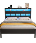 Heavy Duty Full Size Bed Frame With Smart RGB LED Lights App Control Storage Headboard Built In USB Chargers Black Oak Finish view with pillows