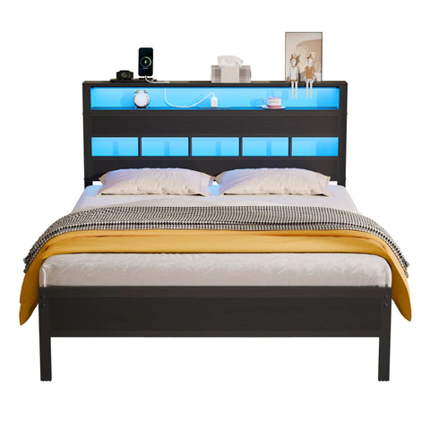 Heavy Duty Full Size Bed Frame With Smart RGB LED Lights App Control Storage Headboard Built In USB Chargers Black Oak Finish view with pillows