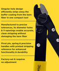 Fiber Optic Stripper With V Shaped Opening For Safe Cable Preparation And Wire Stripping, close-up of tool and features text on yellow.
