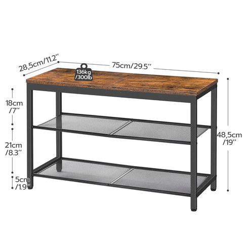 Industrial Three Tier Shoe Bench Organizer With Mesh Shelves In Rustic Brown Finish 29.5 Inches Entryway Storage Seat