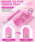 Rhinestone Picker Tool Kit with 40 dual-ended acrylic pens, pink tray with rhinestones shown in neat rows for DIY projects