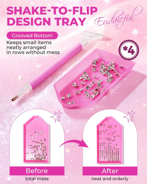 Rhinestone Picker Tool Kit with 40 dual-ended acrylic pens, pink tray with rhinestones shown in neat rows for DIY projects