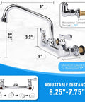 Straight Up Heavy Duty Wall Mount Utility Sink Faucet With Eight Inch Full Range Swivel Spout Dual Handles Solid Lead Free Brass Polished Chrome Finish Top Shelf Durability with dimensions 8" height and 9" spout length.
