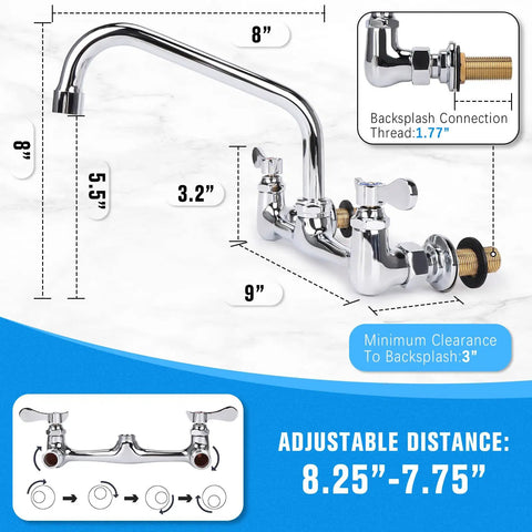Straight Up Heavy Duty Wall Mount Utility Sink Faucet With Eight Inch Full Range Swivel Spout Dual Handles Solid Lead Free Brass Polished Chrome Finish Top Shelf Durability with dimensions 8" height and 9" spout length.