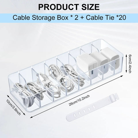 2 Pack Cable Organizer Box With 20 Wire Ties Clear Desk Drawer Storage for Chargers and Cables, showing size dimensions.