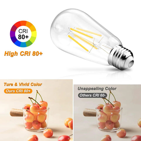 12 Pack Vintage LED Edison Bulbs 60W Equivalent, 80 Plus CRI, showing vibrant vs dull color comparison