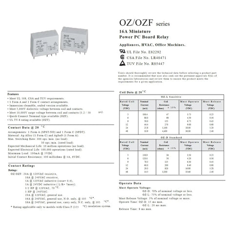Specifications sheet for Two Pack 12VDC General-Purpose Relay, 16A, 8-Pin, Multi-Function Switching Module with technical details.