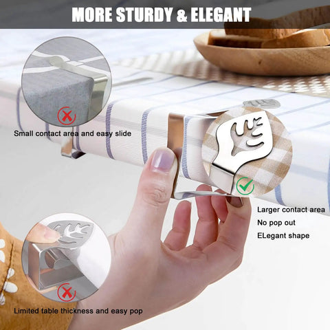 Leaf Shaped Table Cloth Holder Clips 10 Pack Gotta Have Heavy Duty Stainless Steel Outdoor Clip Set For Windy Picnics And Parties Keeps Tablecloth In Place At Weddings Camping RVs And Restaurants shown securing checkered tablecloth