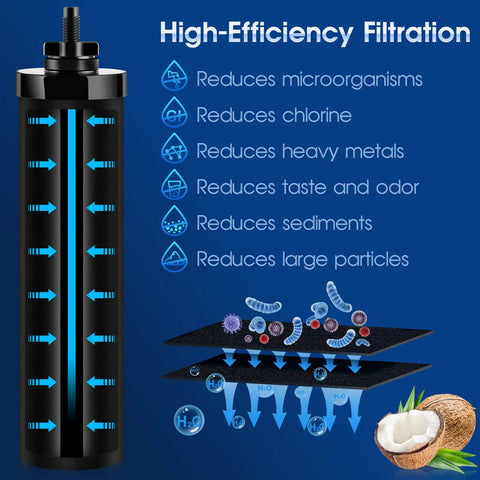 Diagram showing BB9-2 Water Filter Replacement For Berkey Gravity Purification Systems filtering process with icons and coconut image.