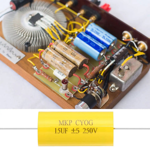 15uF 250V Axial Film Capacitor MKP CBB20 For Audio Crossover And Speaker Systems Yellow Step Less Film Capacitor Self Healing Pro Grade Quality High Stability 2 Pin Lead 34mm Long, yellow axial capacitor