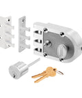 Single Cylinder Deadbolt Slam Lock With Flat And Angle Strike In Chrome Brushed Finish Built From High Strength Bronze Alloy Jimmy Proof Mechanism For Pro Grade Security Surface Mounted Security Lock For Entry Doors, including keys and lock components.