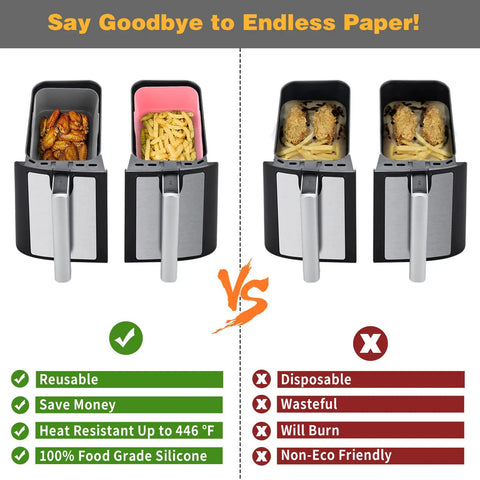 Comparison of reusable 2 Pack 10 Qt Silicone Air Fryer Liners for Ninja DZ401 DZ550 with disposable options showing features and benefits