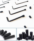105 Piece Screws Set With Hex Wrenches, M3 M4 M5 M6 M8 Size Range, assorted screws and hex keys on white background