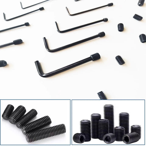 105 Piece Screws Set With Hex Wrenches, M3 M4 M5 M6 M8 Size Range, assorted screws and hex keys on white background