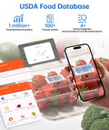 Food Kitchen Scale With Nutritional Calculator And 30 Plus Nutrients Tracked On Screen and in app next to strawberries and phone