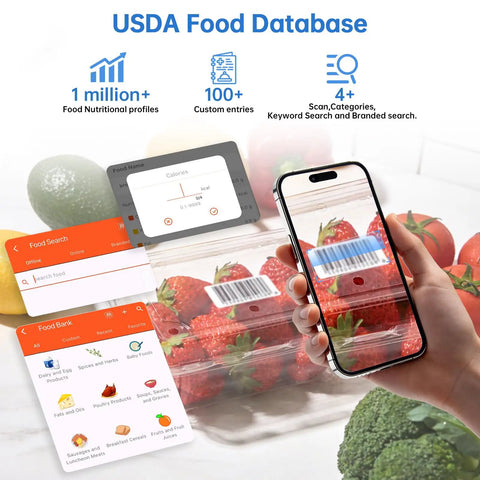 Food Kitchen Scale With Nutritional Calculator And 30 Plus Nutrients Tracked On Screen and in app next to strawberries and phone
