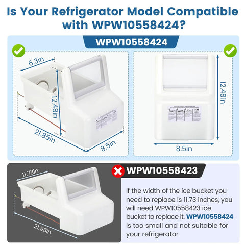 Ice Maker Replacement WPW10558424 Ice Bucket Assembly dimensions and compatibility guide with models