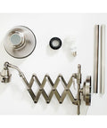 Industrial Swing Arm Wall Lamp With Antique Nickel Finish components laid out, including 6 inch shade and adjustable arm