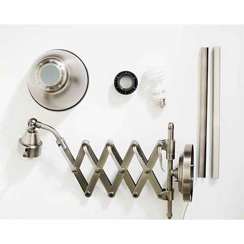 Industrial Swing Arm Wall Lamp With Antique Nickel Finish components laid out, including 6 inch shade and adjustable arm