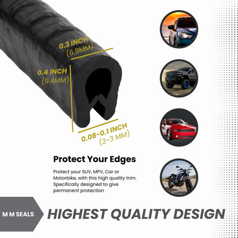 Close-up of Black Edge Guard Trim For One Sixteenth Inch Metal Edges, 20 Feet Long, shown with measurements and vehicle images.