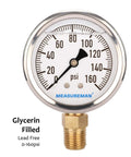 MEASUREMAN pressure gauge front view, glycerin-filled 0-160 psi, stainless steel case with 1/4" NPT brass thread.