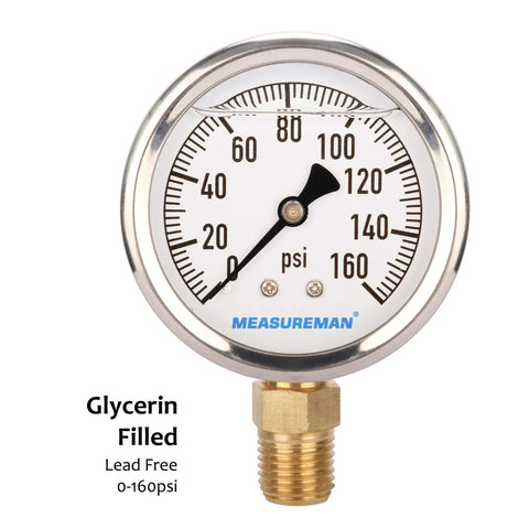 MEASUREMAN pressure gauge front view, glycerin-filled 0-160 psi, stainless steel case with 1/4" NPT brass thread.