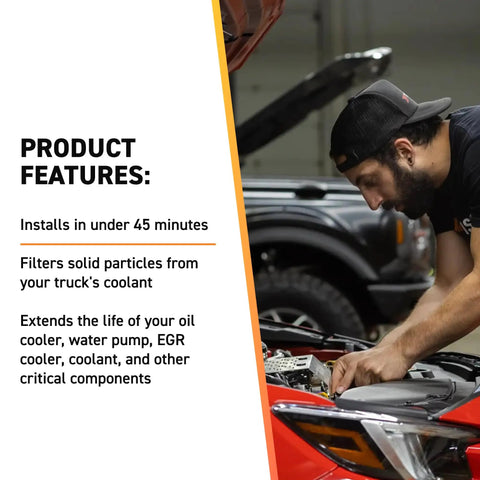 Heavy Duty Coolant Filter Kit For Ford 6.0L Powerstroke 2003 Through 2007 installed under hood with visible engine components.