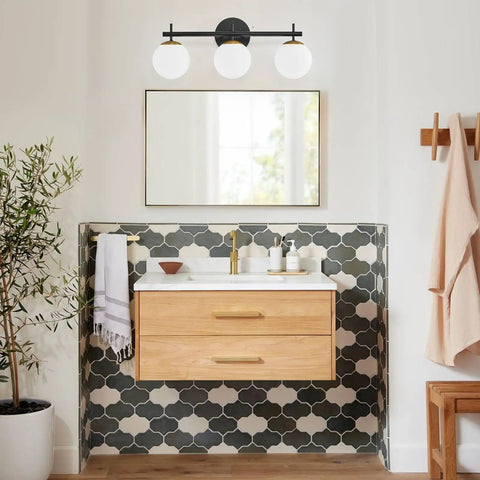 Black And Gold Lit Three Light Vanity Light Fixture For Bathroom Mid Century Modern Wall Sconce With Milky White Frosted Glass Shades Over Mirror Lighting G9 Base Durable Rust Resistant Frame