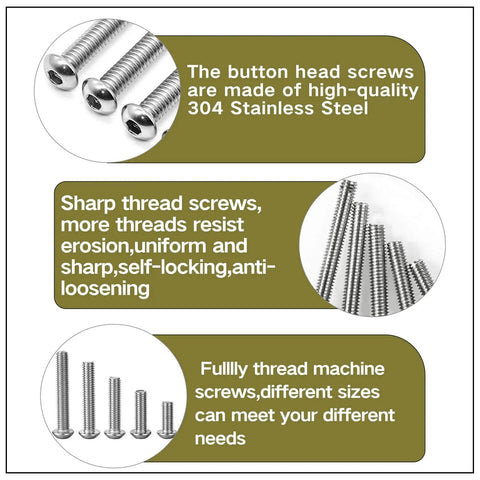 Close-up of Premium Stainless Steel M2 Button Head Hex Socket Screws Kit 660Pcs M2x4 6 8 10 12 16 20mm 304 Grade Machine Screws