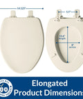 Ashland Style Elongated Wood Toilet Seat With Slow Close Secure Hinges And Quiet Operation Adjustable Front To Back For A Custom Fit Biscuit Color Made In USA Decorative Edge For Modern Bathrooms, dimensions shown
