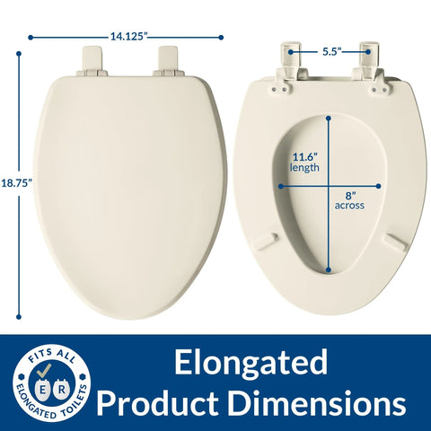 Ashland Style Elongated Wood Toilet Seat With Slow Close Secure Hinges And Quiet Operation Adjustable Front To Back For A Custom Fit Biscuit Color Made In USA Decorative Edge For Modern Bathrooms, dimensions shown