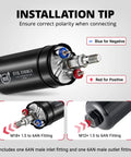 Beefed Up High Flow Inline Fuel Pump Kit For 12V EFI Systems installation guide showing polarity and fittings, 300 LPH electric pump.