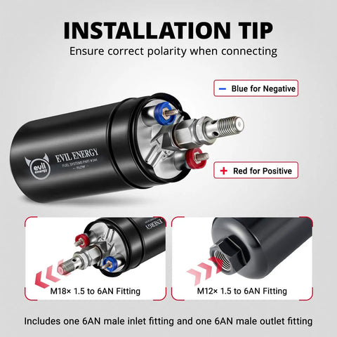 Beefed Up High Flow Inline Fuel Pump Kit For 12V EFI Systems installation guide showing polarity and fittings, 300 LPH electric pump.