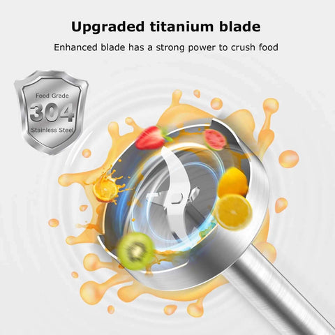 Hella Powerful 300 Watt Immersion Hand Blender Wand Features Sharp Stainless Blade Set displaying upgraded titanium blades with splashes of fruit juice.