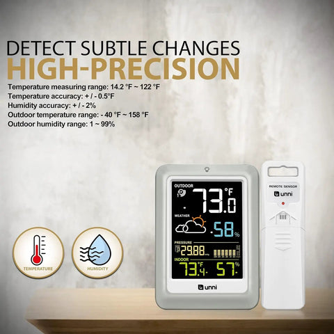 All Weather Indoor Outdoor Thermometer With Wireless Sensor 330 Foot Range with backlit display on a table