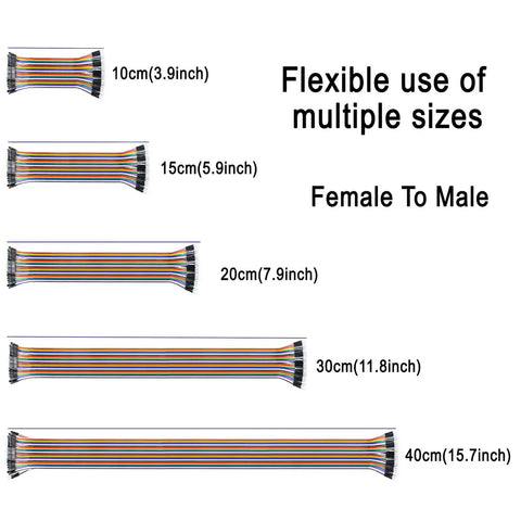 Colorful Breadboard Jumper Wires Kit 120 Pcs 40 Pin Dupont Cables M-F M-M F-F 10 15 20 30 40 Cm different sizes display