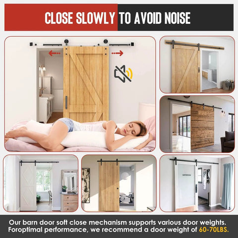 No-Drill Sliding Barn Door Soft Close Kit, Tool-Free Install, Adjustable Stopper for 88-132 Lbs, shown in various room settings