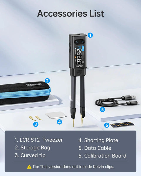Accessories for All In One SMD LCR ESR Meter With Tweezer Probes Auto Sort including LCR-ST2, storage bag, and data cable.
