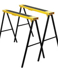 Rock Solid Portable Folding Sawhorse Heavy Duty Steel Work Stand Twin Pack With Anti Slip Eva Work Surface And Built In Carry Handle For Tradesmen And Diy Crafters Quick Fold Design, black and yellow steel sawhorses.