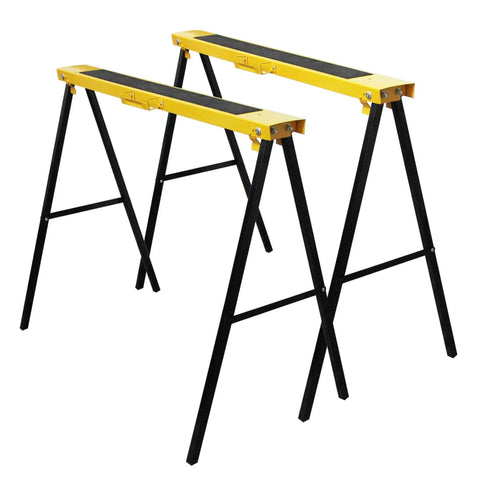 Rock Solid Portable Folding Sawhorse Heavy Duty Steel Work Stand Twin Pack With Anti Slip Eva Work Surface And Built In Carry Handle For Tradesmen And Diy Crafters Quick Fold Design, black and yellow steel sawhorses.