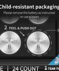 Child-resistant packaging of Premium CR2032 Battery 24 Pack 3V Lithium Coin Cell with instructions for safe removal.