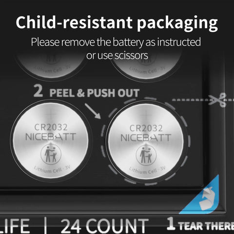Child-resistant packaging of Premium CR2032 Battery 24 Pack 3V Lithium Coin Cell with instructions for safe removal.