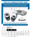 Front view of Summit Hydraulics flat-face hydraulic quick-connect couplers with caliper for measuring size.